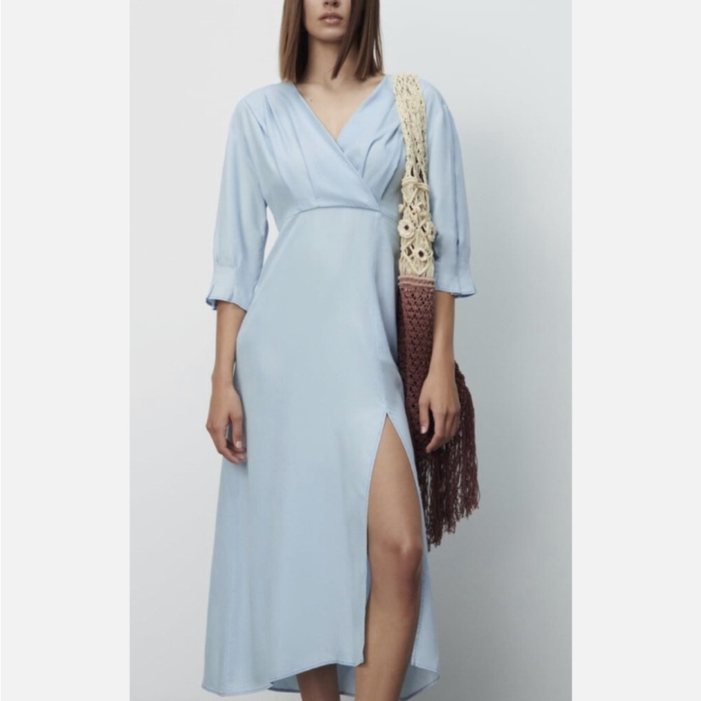 Zara Elegant Light Blue slit midi Dress